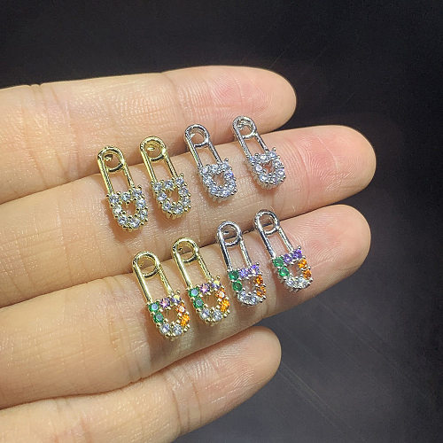 1 Pair Simple Style Paper Clip Copper Plating Inlay Artificial Gemstones 14K Gold Plated Earrings