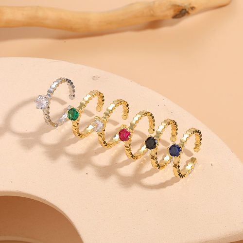 Classic Style Round Copper Asymmetrical Plating Inlay Zircon 14K Gold Plated Open Rings