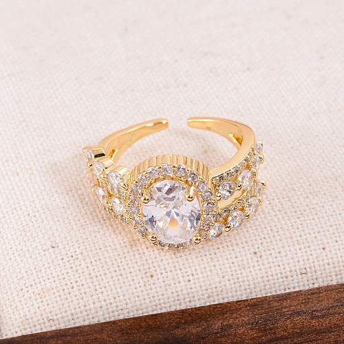 Estilo clássico elegante redondo chapeamento de cobre embutimento zircão 18K anéis abertos banhados a ouro