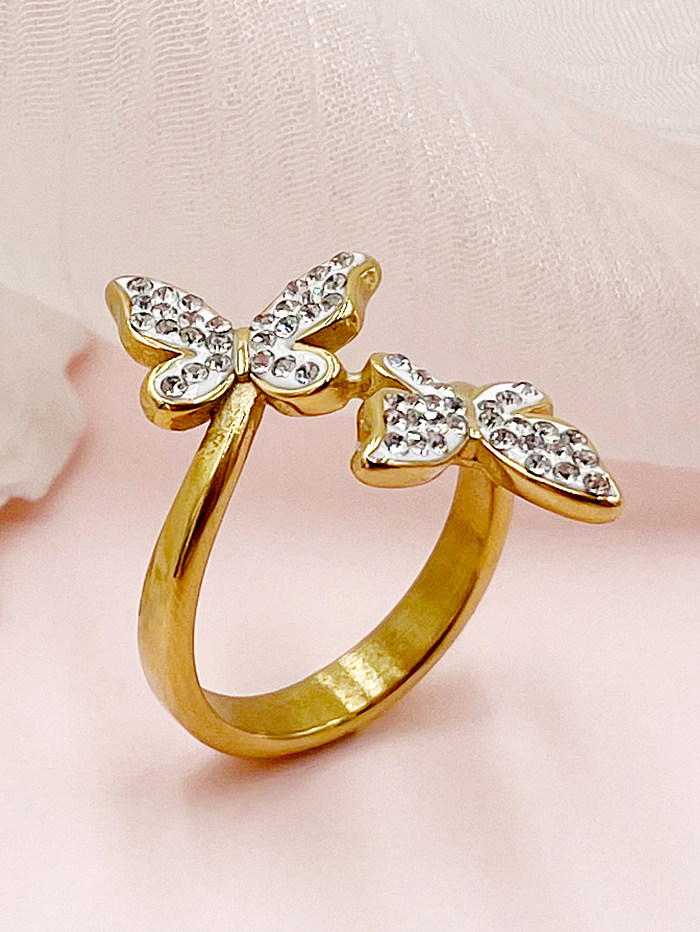 Classical Romantic Sweet Butterfly Stainless Steel Gold Plated Zircon Open Rings In Bulk