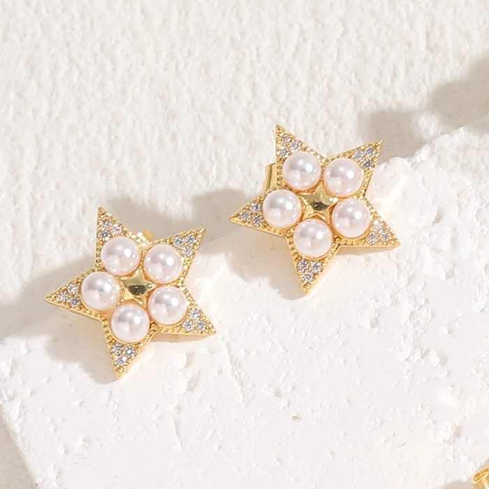 1 Piece Commute Star Plating Inlay Copper Artificial Pearls Zircon 14K Gold Plated Drop Earrings Ear Studs