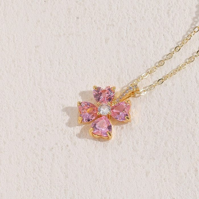 Elegant Basic Lady Geometric Flower Copper 14K Gold Plated Zircon Pendant Necklace In Bulk