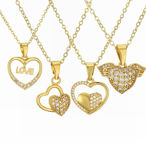 Streetwear-Halskette mit Buchstaben-Herzform, Kupferbeschichtung, Inlay, Zirkon, vergoldet