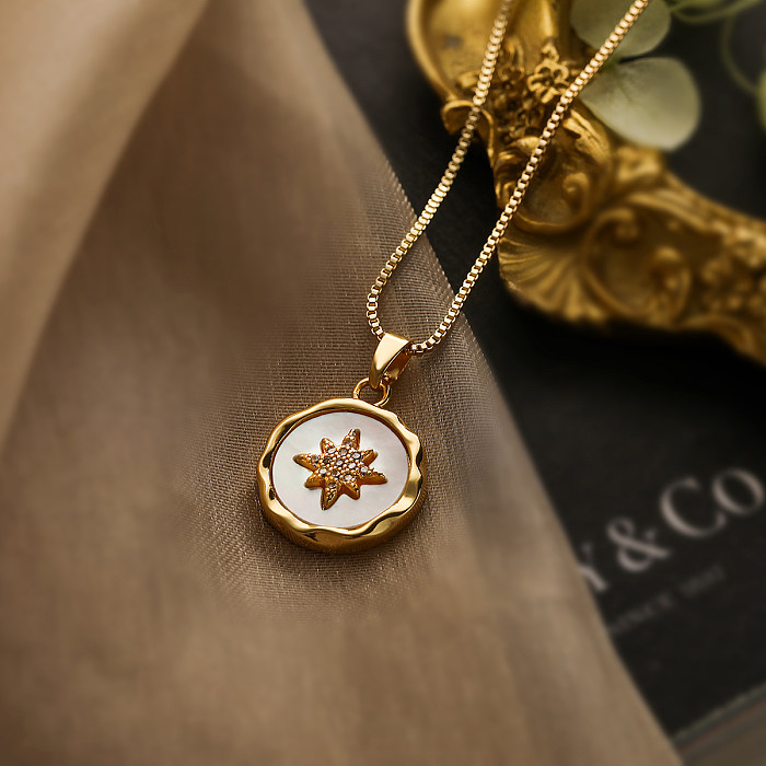 Vintage Style Simple Style Commute Star Bee Copper Plating Inlay Shell Zircon 18K Gold Plated Pendant Necklace