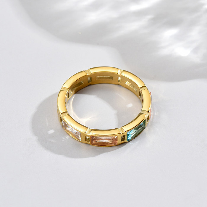 Venta al por mayor, anillos de circonio chapados en oro de 1K de acero inoxidable cuadrado redondo brillante de 14 pieza