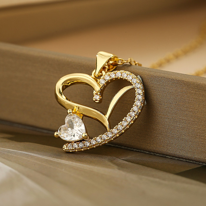 Sweet Heart Shape Copper Plating Inlay Carving Zircon 18K Gold Plated Pendant Necklace