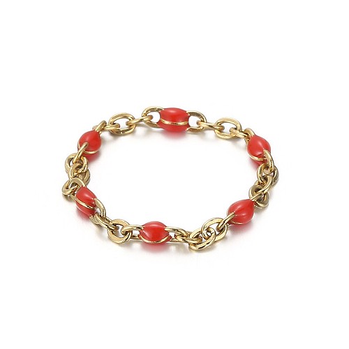 Fashion Simple Hollow Chain Color Resin Beads Stainless Steel Ring Wholesale jewelry