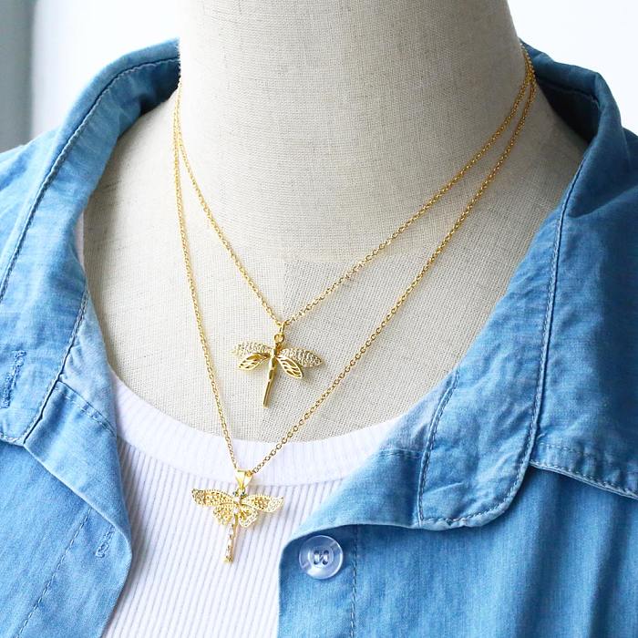 Simple Style Dragonfly Copper Gold Plated Zircon Pendant Necklace 1 Piece
