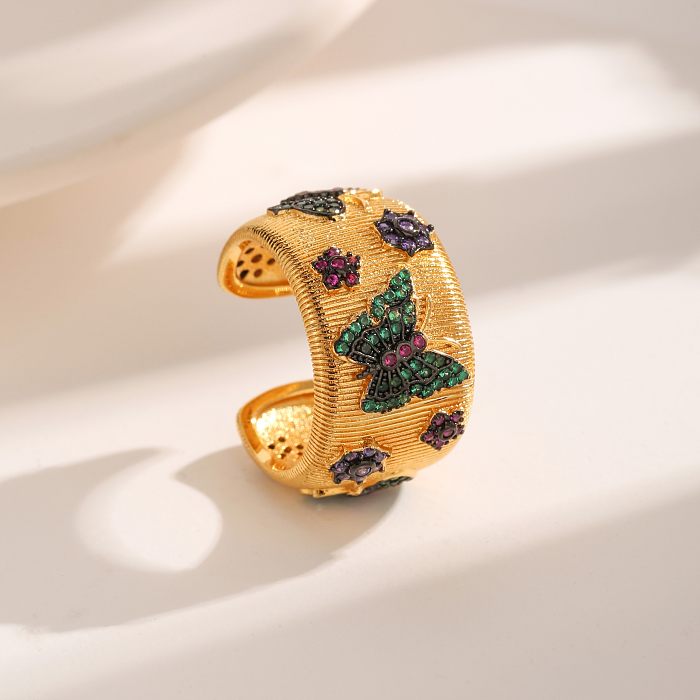 Vintage Style French Style Flower Butterfly Copper Plating Inlay Zircon 18K Gold Plated Open Rings