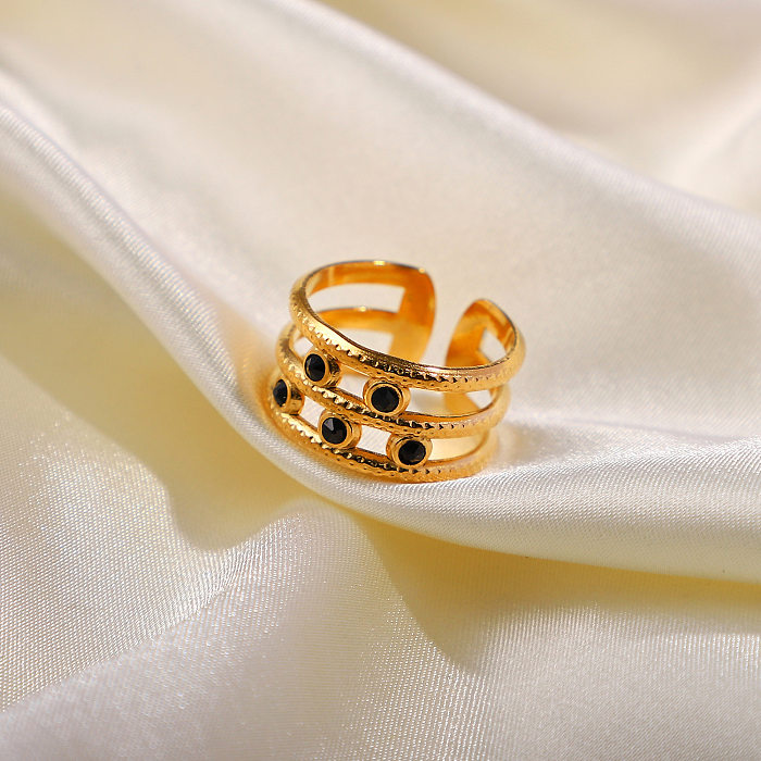 Europeu e americano 18K banhado a ouro aço inoxidável 5 diamantes pretos anel aberto de três camadas joias da moda