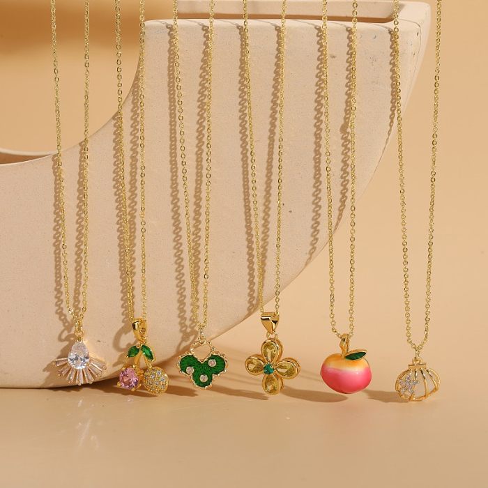 Lässige Streetwear-Anhänger-Halskette mit Kirschblüten-Kupferbeschichtung, Inlay-Zirkon, 14 Karat vergoldet, Weißgold plattiert