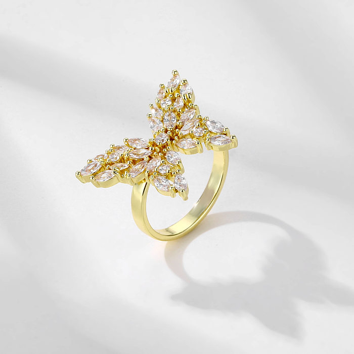 Elegante estilo coreano borboleta geométrica chapeamento de cobre incrustação zircão rosa banhado a ouro branco banhado a ouro anel aberto