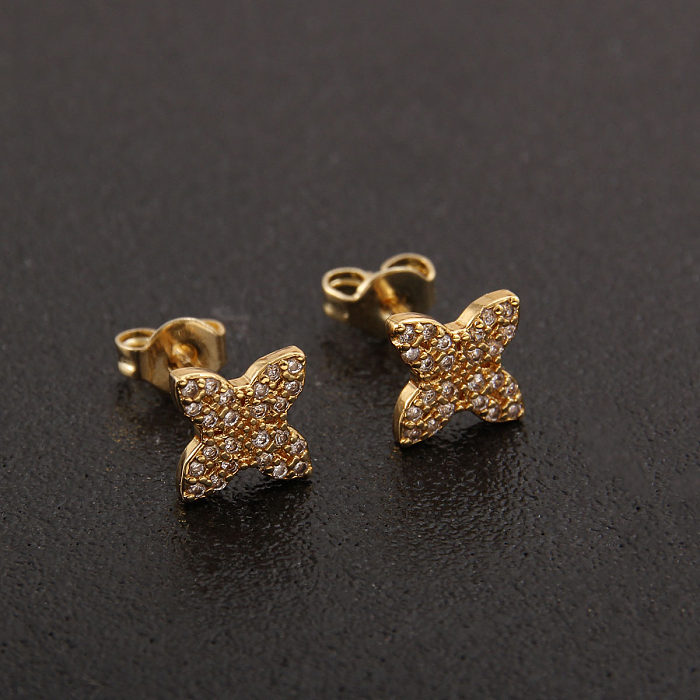 1 paire de clous d'oreilles plaqués or, Style Simple et décontracté, incrustation de placage de couleur unie en cuivre et Zircon plaqué or