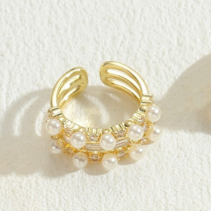 Luxuriöse offene Ringe im klassischen Stil in Herzform mit Kupferbeschichtung, Inlay, Perle und Zirkon, 14 Karat vergoldet