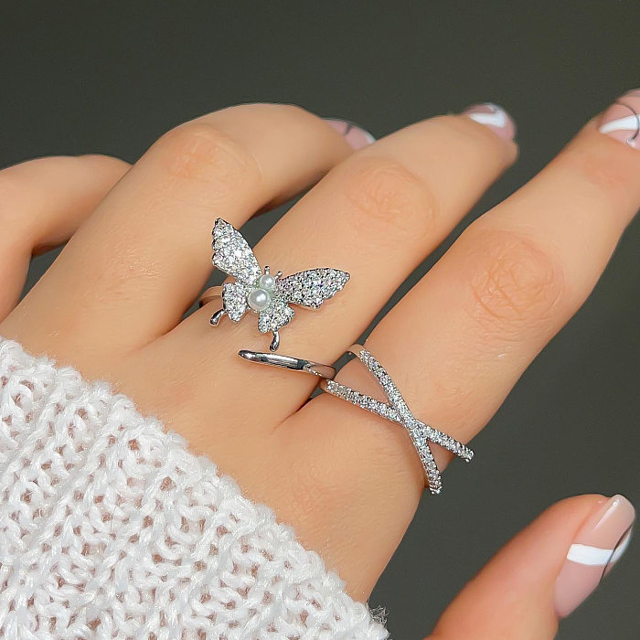 Simple Style Classic Style Butterfly Copper Plating Inlay Zircon 14K Gold Plated Open Ring