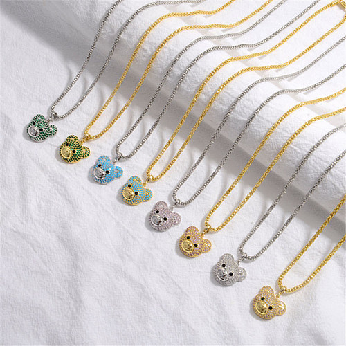 Casual Elegant Little Bear Copper Plating Inlay Zircon 18K Gold Plated Pendant Necklace