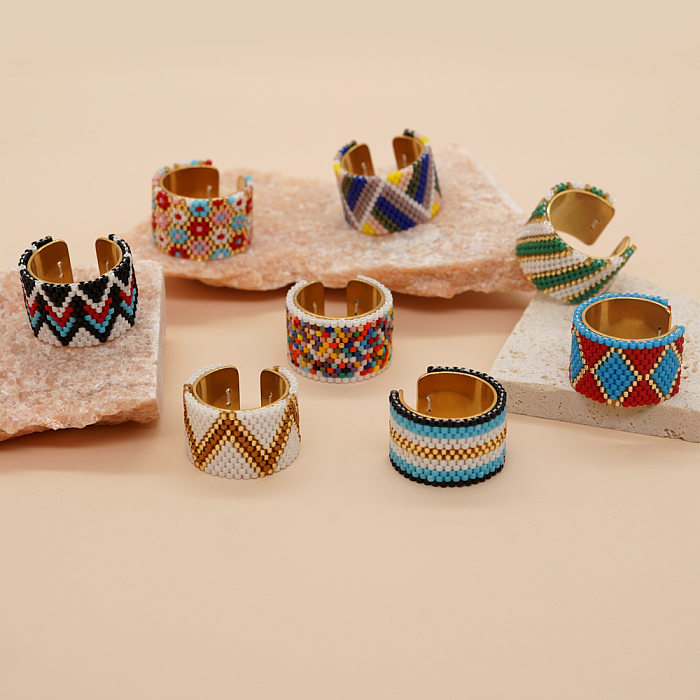 Anneaux ouverts en tricot de perles de rocaille en acier inoxydable, vente en gros de vacances de Style ethnique à rayures