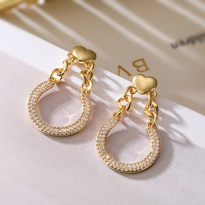 1 paire de boucles d'oreilles pendantes en cuivre et Zircon plaqué or 18 carats, Style Simple, incrustation de placage géométrique