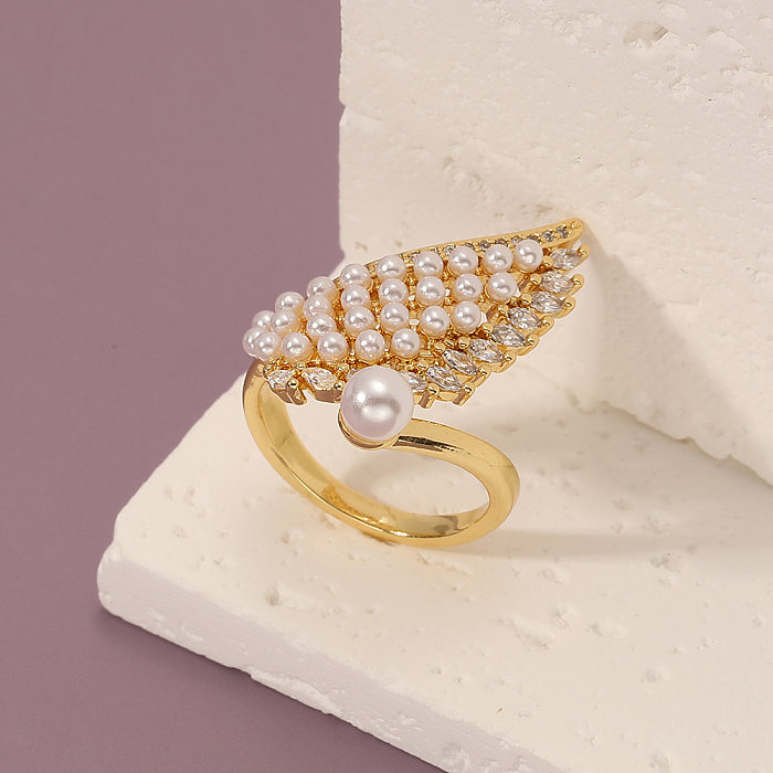 IG Style Geometric Copper Plating Inlay Artificial Pearls Zircon Open Ring