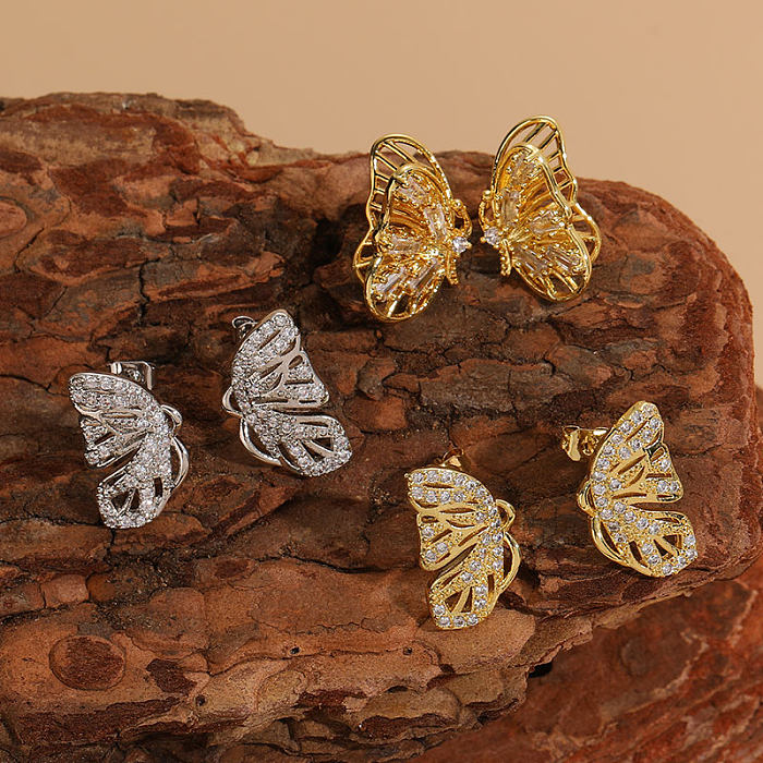 1 Paar elegante, luxuriöse, klassische Schmetterlings-Ohrstecker mit Kupferbeschichtung und Zirkon-Inlay, 14 Karat vergoldet