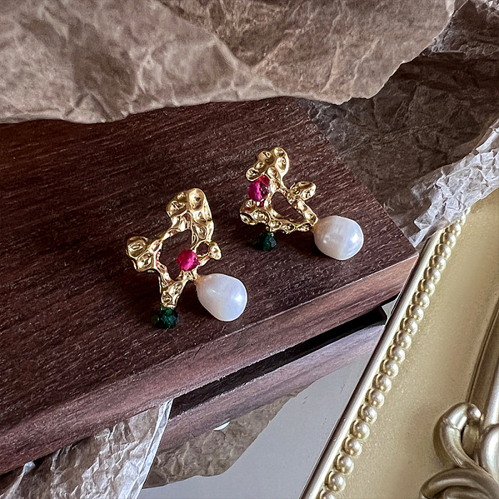 1 Pair Classical Vintage Style Commute Irregular Plating Inlay Freshwater Pearl Copper Zircon 18K Gold Plated Drop Earrings