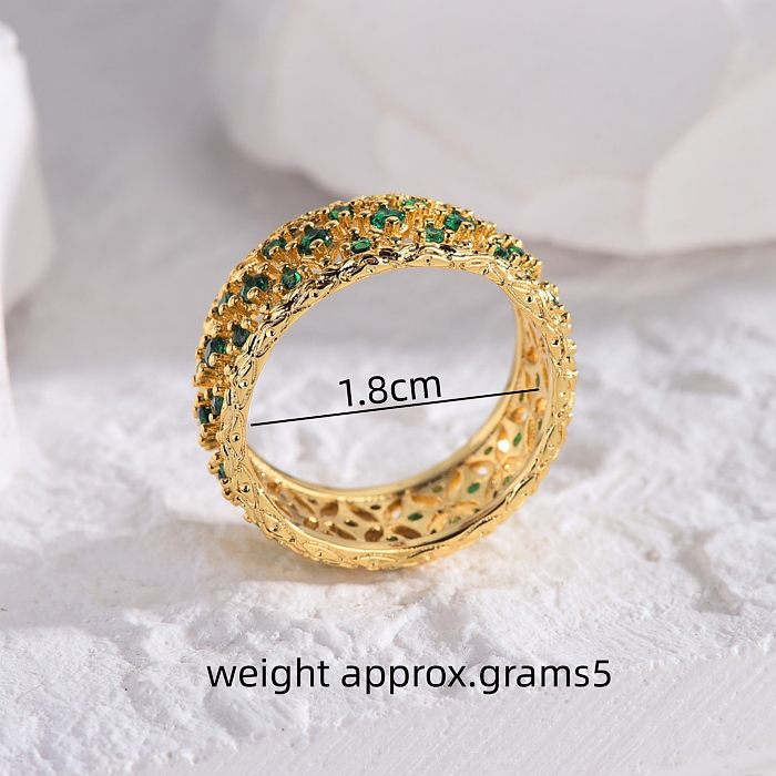 Basic Vintage Style Luxurious Lines Grid Sparkly Copper Criss Cross Hollow Out Inlay Zircon 18K Gold Plated Wide Band Rings Rings