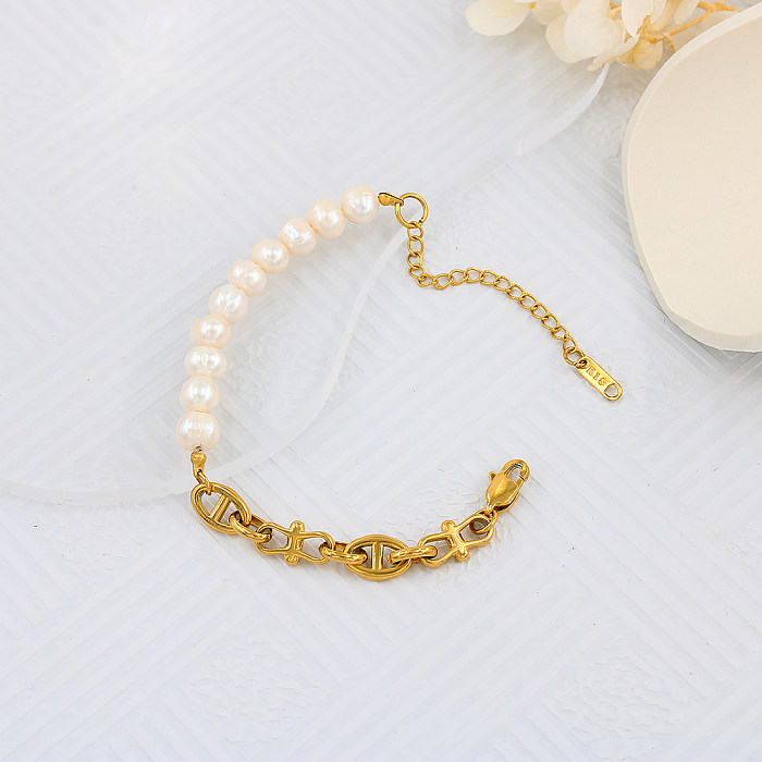 Schlichter Stil, Farbblock-Armband-Halskette aus Edelstahl mit Süßwasserperlen und Perlen