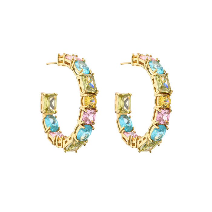 Sweet C Shape Square Water Droplets Copper Inlaid Zircon Women'S Rings Earrings