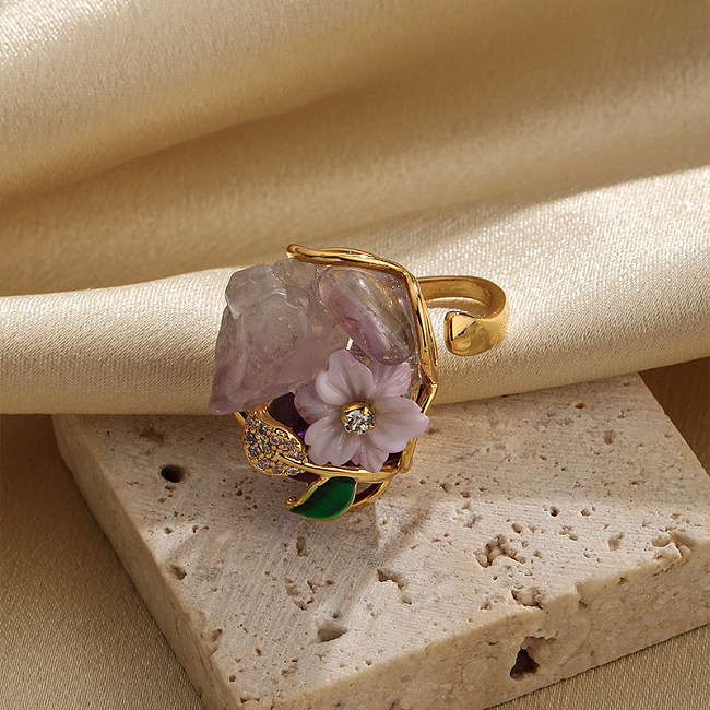 Retro Commute Flower Copper Plating Inlay Amethyst Zircon 18K Gold Plated Open Rings