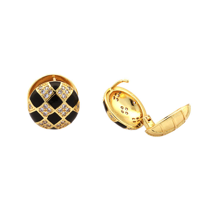 1 Pair Retro Simple Style Checkered Enamel Plating Inlay Copper Zircon 18K Gold Plated Ear Studs