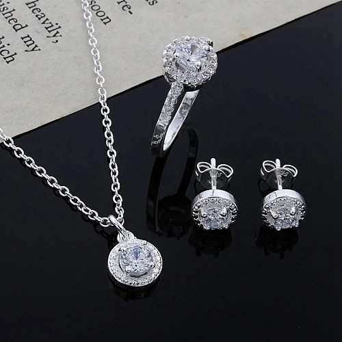 Glam Round Copper Zircon Rings Earrings Necklace In Bulk