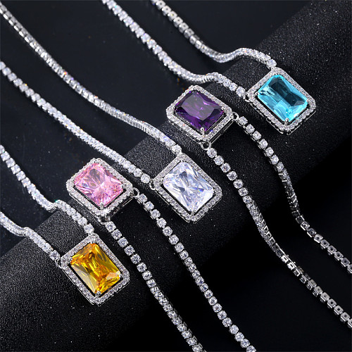 Casual Vintage Style Shiny Rectangle Copper Plating Inlay Zircon White Gold Plated Pendant Necklace