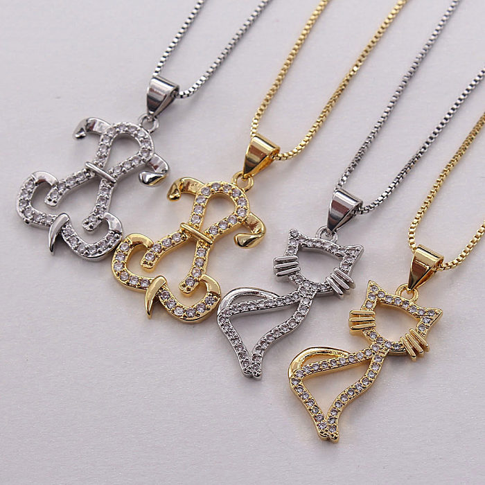 IG Style Sweet Simple Style Animal Dog Cat Copper White Gold Plated Gold Plated Zircon Pendant Necklace In Bulk