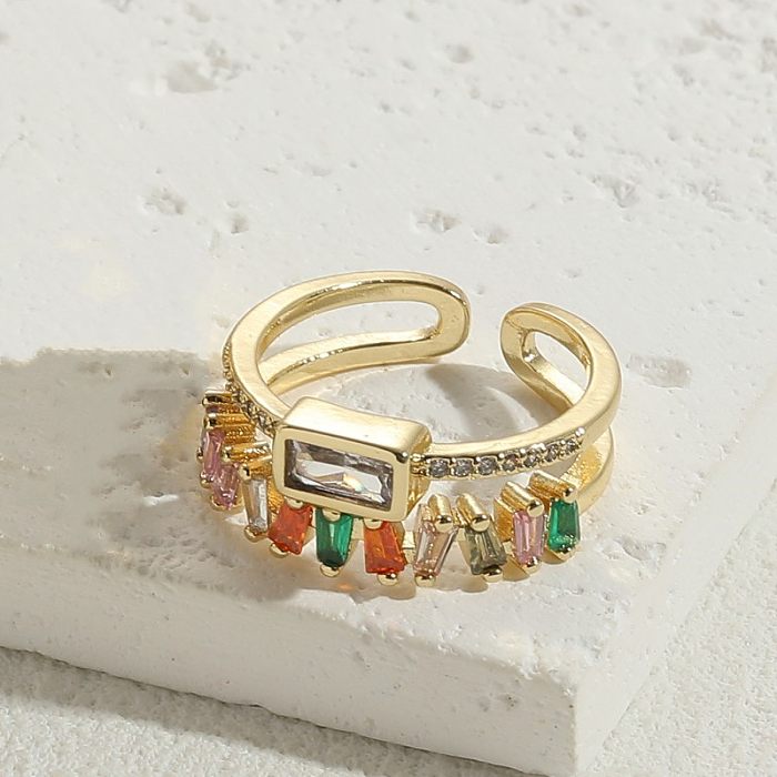 Retro Rectangle Copper Plating Inlay Zircon 14K Gold Plated Open Rings