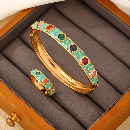 Casual Glam brillante redondo ojo del diablo cobre esmalte chapado incrustaciones circón chapado en oro anillos pulseras conjunto de joyería