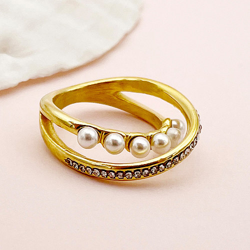 Elegante clássico cor sólida chapeamento de aço inoxidável incrustação pérola zircão anéis banhados a ouro