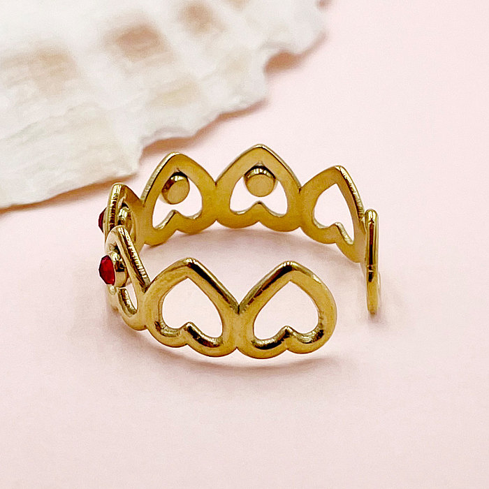 Estilo simples forma de coração chapeamento de aço inoxidável strass anéis banhados a ouro