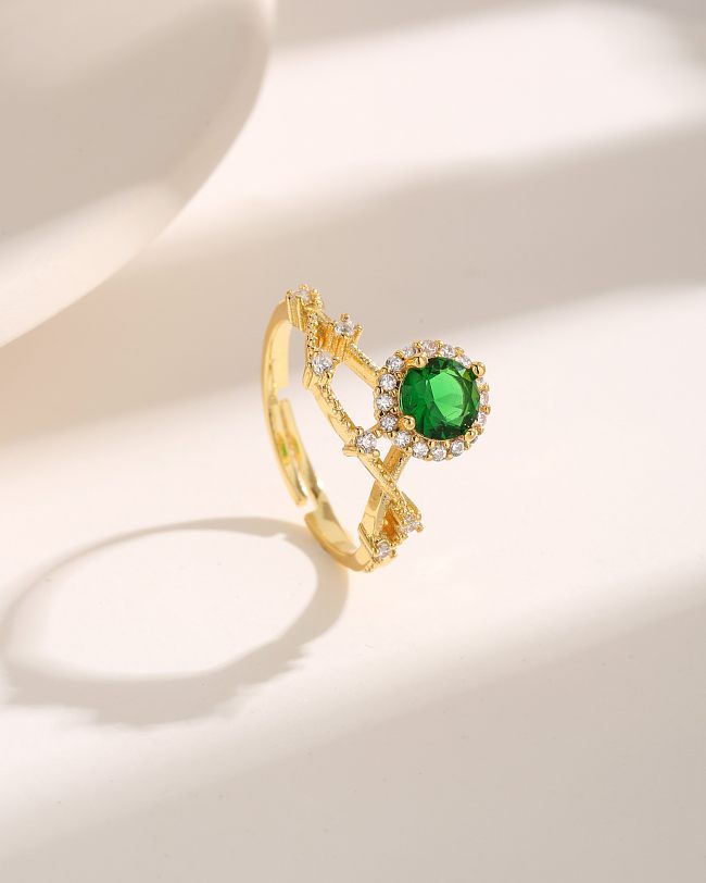 Luxuriöse, glänzende, runde, verkupferte, ausgehöhlte, mit Zirkon 18 Karat vergoldete offene Ringe im Vintage-Stil