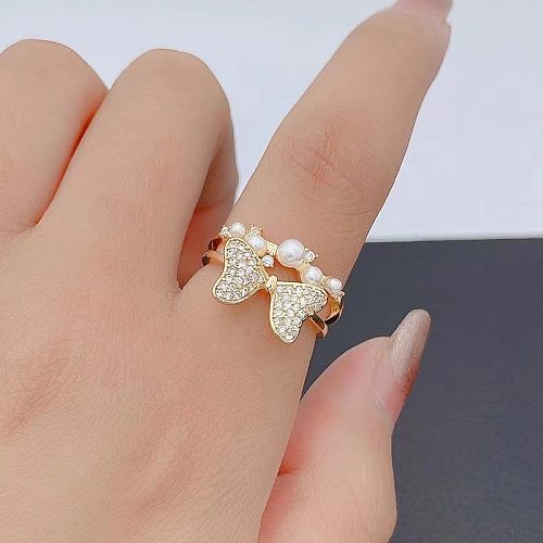 Sweet Simple Style Bow Knot Copper Plating Inlay Pearl Zircon Open Ring