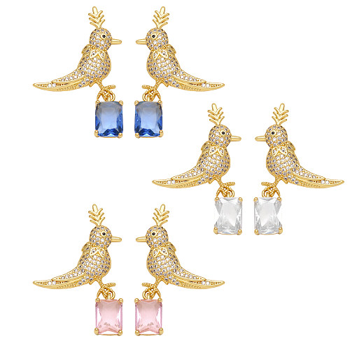 1 paire de boucles d'oreilles pendantes en cuivre et Zircon plaqué or 18 carats, Style Simple, incrustation d'oiseau