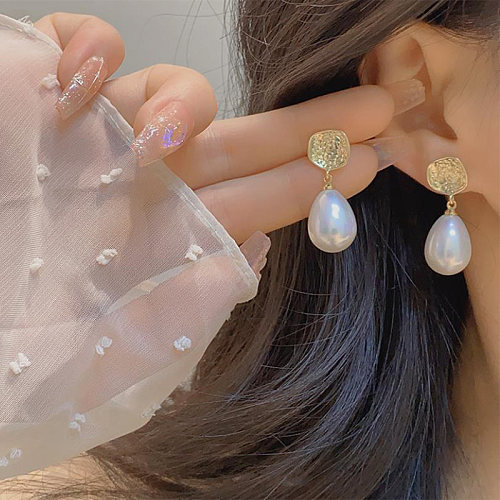 Boucles d'oreilles pendantes plaquées or 1 carats, 14 paire de gouttelettes d'eau de Style français Simple, incrustation de cuivre, perles artificielles