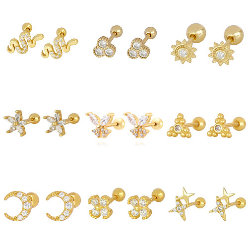 1 paire de clous d'oreilles plaqués or, style classique, style coréen, fleur, serpent, papillon, incrustation de cuivre, zircon, plaqué or blanc