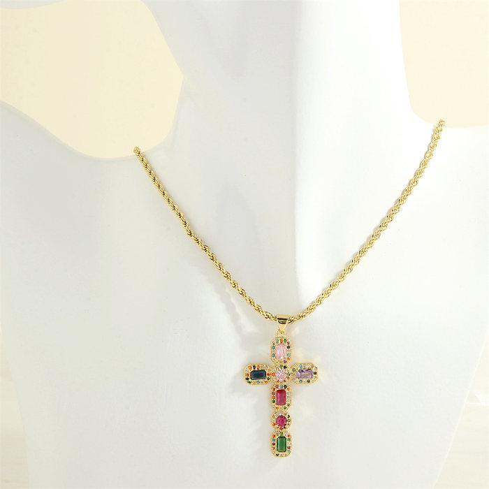 Simple Style Cross Heart Shape Copper 18K Gold Plated Zircon Pendant Necklace In Bulk