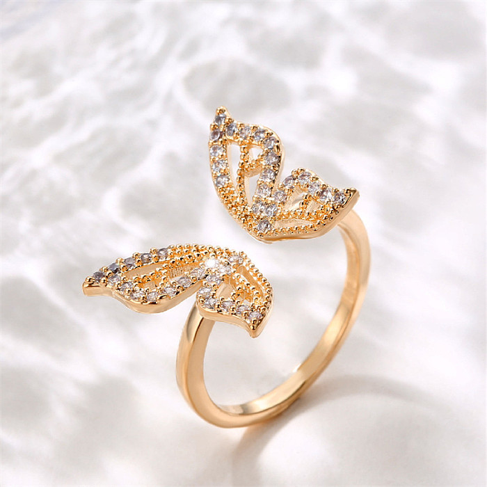 Elegant Sweet Shiny Butterfly Copper Plating Inlay Zircon Rose Gold Plated Gold Plated Open Rings