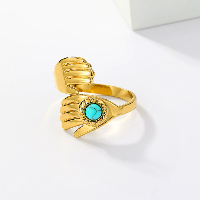 1 Piece Simple Style Round Hand Stainless Steel Plating Hollow Out Inlay Turquoise Open Ring