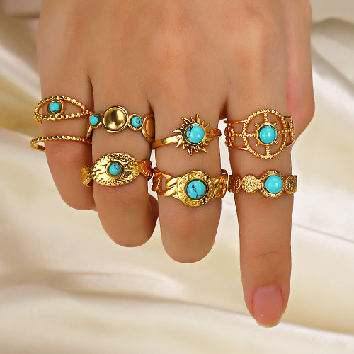 Modern Style Simple Style Geometric Stainless Steel Plating Inlay Turquoise 18K Gold Plated Open Rings