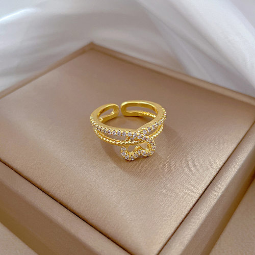 Fashion Heart Shape Brass Plating Inlay Zircon Open Ring 1 Piece