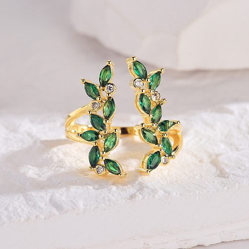 Cute Leaves Brass Plating Inlay Zircon 18K Gold Plated Open Ring Rings