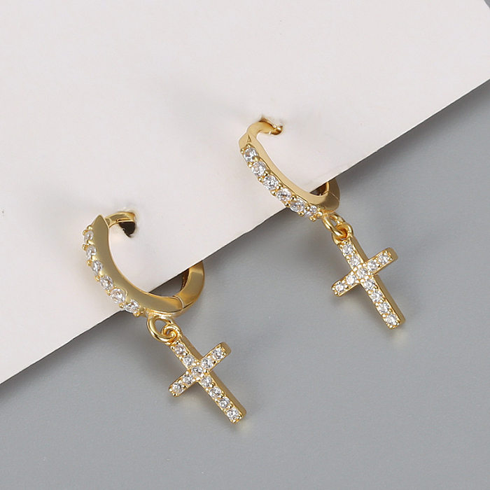 1 Pair Simple Style Cross Plating Inlay Copper Zircon White Gold Plated Gold Plated Drop Earrings