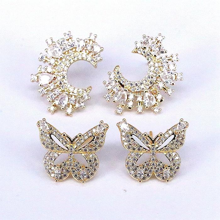 1 par elegante streetwear borboleta incrustação de cobre artificial diamante brincos banhados a ouro